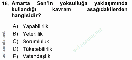 16. soru: Amarta Sen'in yoksulluğa yaklaşımında kullandığı kavram aşağıdakilerden hangisidir? A) Yapabilirlik B) Yeterlilik C)…