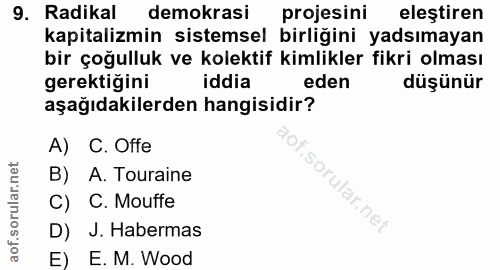 9. soru: Radikal demokrasi projesini eleştiren kapitalizmin sistemsel birliğini yadsımayan bir çoğulluk ve kolektif kimlikler…