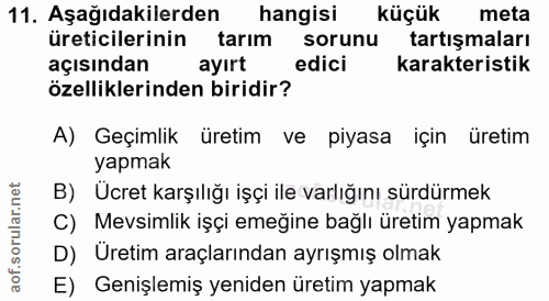 11. soru: Aşağıdakilerden hangisi küçük meta üreticilerinin tarım sorunu tartışmaları açısından ayırt edici karakteristik özell…