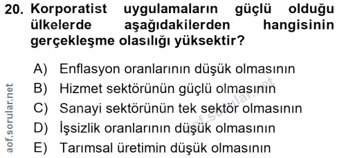 20. soru: Korporatist uygulamalarin güçlü olduğu ülkelerde aşağıdakilerden hangisinin gerçekleşme olasılığı yüksektir? A) Enfla…