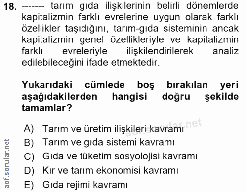 18. soru: ---- tarım gıda ilişkilerinin belirli dönemlerde kapitalizmin farklı evrelerine uygun olarak farklı özellikler taşıdı…