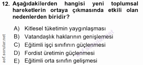 12. soru: Aşağıdakilerden hangisi yeni toplumsal hareketlerin ortaya çıkmasında etkili olan nedenlerden biridir? A) Kitlesel tü…