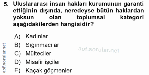 5. soru: Uluslararası insan hakları kurumunun garanti ettiğinin dışında, neredeyse bütün haklardan yoksun olan toplumsal kateg…