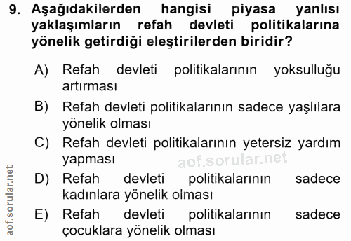 9. soru: Aşağıdakilerden hangisi piyasa yanlısı yaklaşımların refah devleti politikalarına yönelik getirdiği eleştirilerden bi…