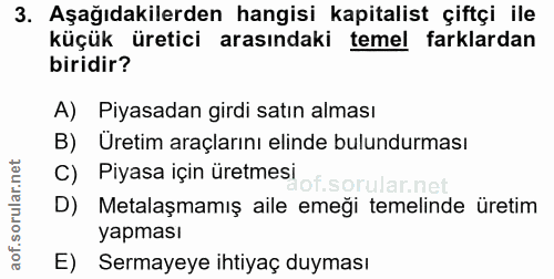 3. soru: Aşağıdakilerden hangisi kapitalist çiftçi ile küçük üretici arasındaki temel farklardan biridir? A) Piyasadan girdi s…