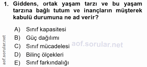 1. soru: Giddens, ortak yaşam tarzı ve bu yaşam tarzına bağlı tutum ve inançların müşterek kabulü durumuna ne ad verir? A) Sın…