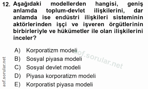 12. soru: Aşağıdaki modellerden hangisi, geniş anlamda toplum-devlet ilişkilerini, dar anlamda ise endüstri ilişkileri sistemin…
