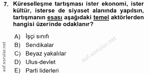 7. soru: Küreselleşme tartışması ister ekonomi, ister kültür, isterse de siyaset alanında yapılsın, tartışmanın esası aşağıdak…