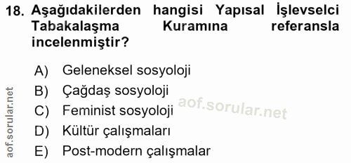 18. soru: Aşağıdakilerden hangisi Yapısal Işlevselci Tabakalaşma Kuramına referansla incelenmiștir? A) Geleneksel sosyoloji B)…