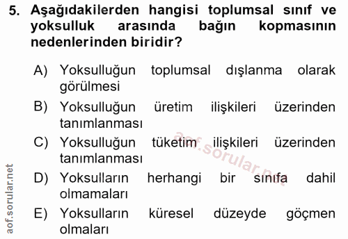 5. soru: Aşağıdakilerden hangisi toplumsal sınıf ve yoksulluk arasında bağin kopmasının nedenlerinden biridir? A) Yoksulluğun…