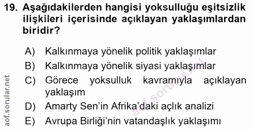 19. soru: Aşağıdakilerden hangisi yoksulluğu eşitsizlik ilişkileri içerisinde açıklayan yaklaşımlardan biridir? A) Kalkınmaya y…