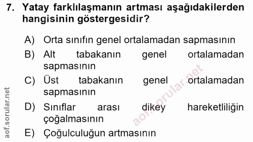 7. soru: Yatay farklılaşmanın artması aşağıdakilerden hangisinin göstergesidir? A) Orta sınıfın genel ortalamadan sapmasının B…