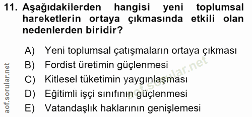 11. soru: Aşağıdakilerden hangisi yeni toplumsal hareketlerin ortaya çıkmasında etkili olan nedenlerden biridir? A) Yeni toplum…