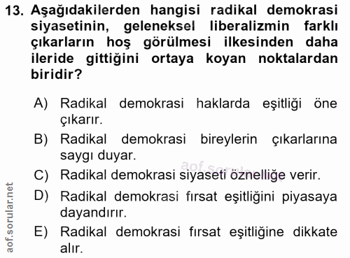 13. soru: Aşağıdakilerden hangisi radikal demokrasi siyasetinin, geleneksel liberalizmin farklı çıkarların hoş görülmesi ilkesi…