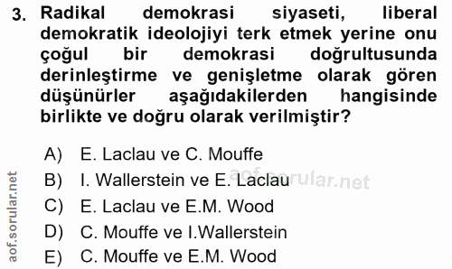 3. soru: Radikal demokrasi siyaseti, liberal demokratik ideolojiyi terk etmek yerine onu çoğul bir demokrasi dogrultusunda der…