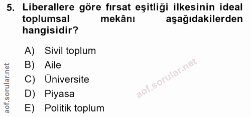 5. soru: Liberallere göre fırsat eşitliği ilkesinin ideal toplumsal mekânı aşağıdakilerden hangisidir? A) Sivil toplum B) . Ai…