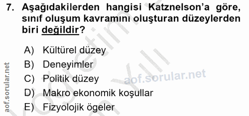 7. soru: Aşağıdakilerden hangisi Katznelson'a göre, sınıf oluşum kavramını oluşturan düzeylerden biri değildir? A) Kültürel dü…