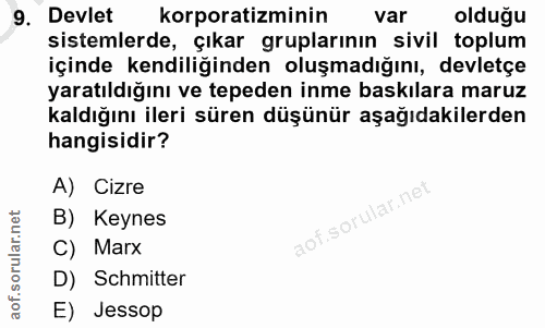 9. soru: Devlet korporatizminin var olduğu sistemlerde, çıkar gruplarının sivil toplum içinde kendiliğinden oluşmadığını, devl…