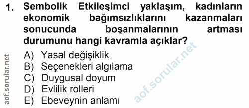 1. soru: Sembolik Etkileşimci yaklaşım, kadınların ekonomik bağımsızlıklarını kazanmaları sonucunda boşanmalarının artması dur…