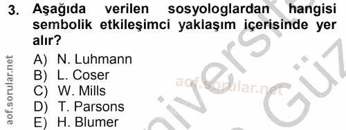 3. soru: Aşağıda verilen sosyologlardan hangisi sembolik etkileşimci yaklaşım içerisinde yer alır? A) N. Luhmann L. Coser rell…