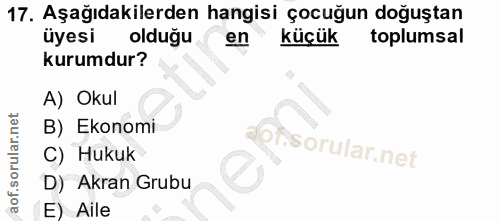 17. soru: Aşağıdakilerden hangisi çocuğun doğuştan üyesi olduğu en küçük toplumsal kurumdur? A) Okul B) Ekonomi C) Hukuk D) Akr…