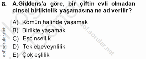 8. soru: A.Giddens'a göre, bir çiftin evli olmadan cinsel birliktelik yaşamasına ne ad verilir? A) Komün halinde yaşamak B) Bi…