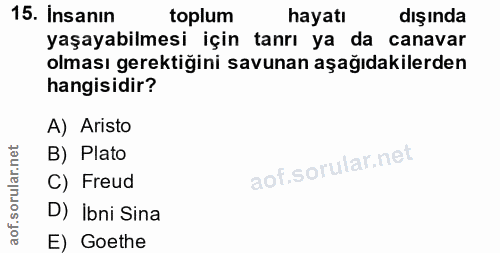 15. soru: İnsanın toplum hayatı dış ında yaşayabilmesi için tanrı ya da canavar olması gerektiğini savunan aşağıdakilerden hang…