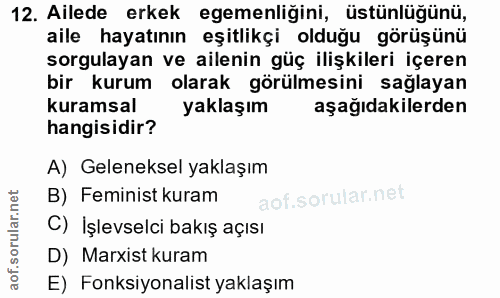 12. soru: Ailede erkek egemenliğini, üstünlüğünü, aile hayatının eşitlikçi olduğu görüşünü sorgulayan ve ailenin güç ilişkileri…
