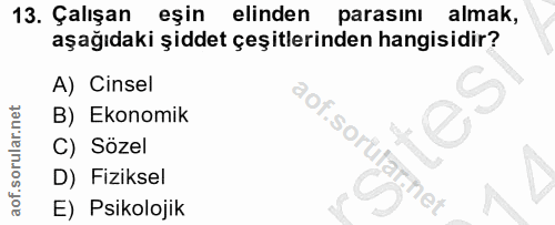 13. soru: Çalışan eşin elinden parasın! almak, aşağıdaki şiddet çeşitlerinden hangisidir? A) Cinsel B) Ekonomik C) Sözel D) Fiz…