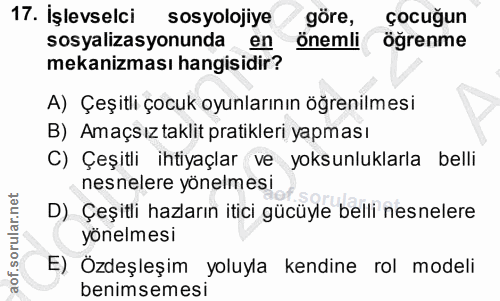 17. soru: İşlevselci sosyolojiye göre, çocuğun sosyalizasyonunda ! önemli öğrenme mekanizması hangisidir? A) Çeşitli çocuk oyun…