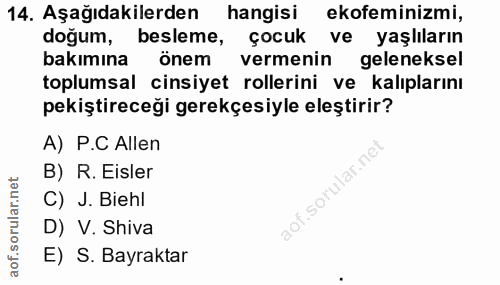 14. soru: Aşağıdakilerden hangisi ekofeminizmi, doğum, besleme, çocuk ve yaşlıların bakımına önem vermenin geleneksel toplumsal…