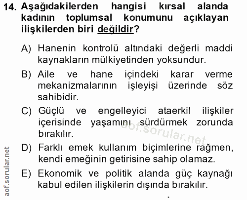 14. soru: Aşağıdakilerden hangisi kırsal alanda kadının toplumsal konumunu açıklayan ilişkilerden biri değildir? A) Hanenin kon…