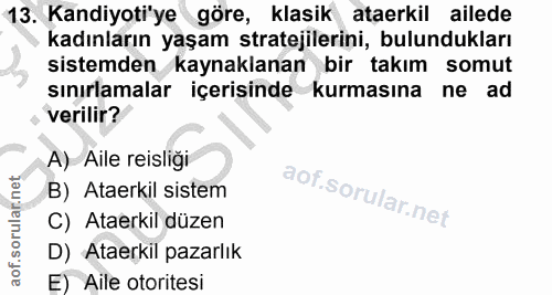 13. soru: Kandiyoti'ye göre, klasik ataerkil ailede kadınların yaşam stratejilerini, bulundukları sistemden kaynaklanan bir tak…