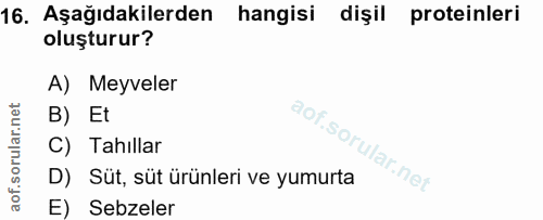 16. soru: Aşağıdakilerden hangisi dişil proteinleri oluşturur? A) Meyveler B) Et C) Tahıllar D) Süt, süt ürünleri ve yumurta E)…