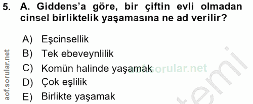 5. soru: A. Gidens'a göre, bir çiftin evli olmadan cinsel birliktelik yaşamasına ne ad verilir? A) Eşcinsellik B) Tek ebeveynl…