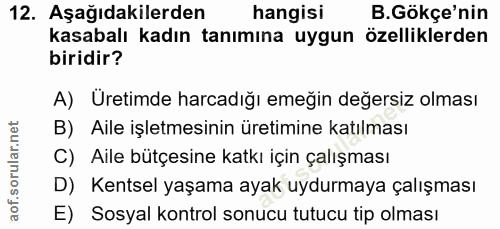 12. soru: Aşağıdakilerden hangisi B. Gökçe'nin kasabalı kadın tanımına uygun özelliklerden biridir? A) Üretimde harcadığı emeği…