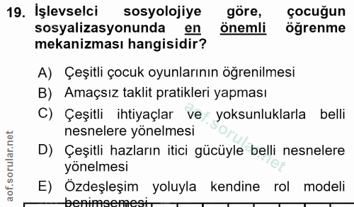 19. soru: İşlevselci sosyolojiye göre, çocuğun sosyalizasyonunda en önemli öğrenme mekanizması hangisidir? A) Çeşitli çocuk oyu…