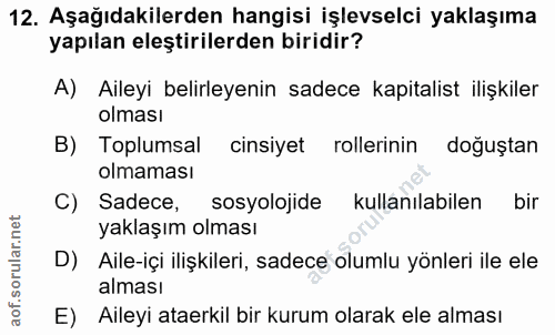 12. soru: Aşağıdakilerden hangisi işlevselci yaklaşıma yapılan eleştirilerden biridir? A) Aileyi belirleyenin sadece kapitalist…