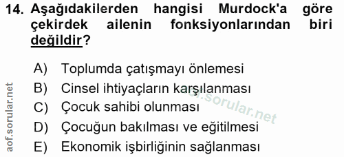 14. soru: Aşağıdakilerden hangisi Murdock'a göre çekirdek ailenin fonksiyonlarından biri değildir? A) Toplumda çatışmayı önleme…