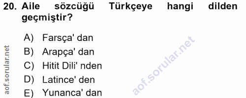 20. soru: Aile sözcüğü Türkçeye hangi dilden geçmiştir? A) Farsça' dan B) Arapça' dan C) Hitit Dili' nden D) Latince' den E) Yu…