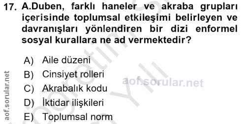 17. soru: A.Duben, farklı haneler ve akraba grupları içerisinde toplumsal etkileşimi belirleyen ve davranışları yönlendiren bir…