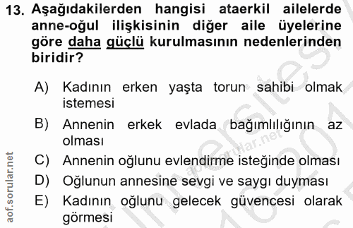 13. soru: Aşağıdakilerden hangisi ataerkil ailelerde anne-oğul ilişkisinin diğer aile üyelerine göre daha güçlü kurulmasının ne…