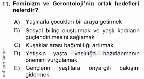 11. soru: Feminizm ve Gerontoloji'nin ortak hedefleri nelerdir? A) Yaşlılarla çocukları bir araya getirmek B) Sosyal bilinç olu…