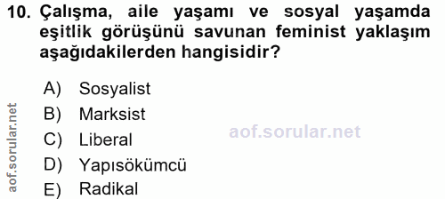 10. soru: Çalışma, aile yaşamı ve sosyal yaşamda eşitlik görüşünü savunan feminist yaklaşım aşağıdakilerden hangisidir? A) Sosy…