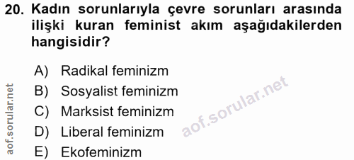 20. soru: Kadın sorunlarıyla çevre sorunları arasında ilişki kuran feminist akım aşağıdakilerden hangisidir? A) Radikal feminiz…