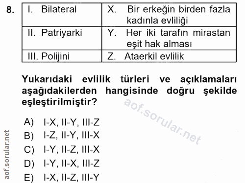 8. soru: Bilateral X. Bir erkeğin birden fazla kadınla evliliği II. Patiyarki Y. Her iki tarafın mirastan eşit hak alması IlI.…