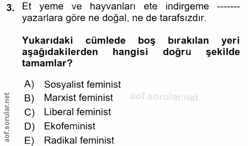 3. soru: Et yeme ve hayvanları ete indirgeme yazarlara göre ne doğal, ne de tarafsızdır. Yukarıdaki cümlede boş bırakılan yeri…