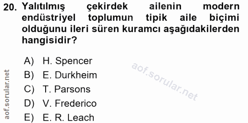20. soru: Yalıtılmış çekirdek ailenin modern endüstriyel toplumun tipik aile biçimi olduğunu ileri süren kuramcı aşağıdakilerde…