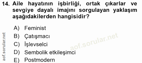 14. soru: Aile hayatının işbirliği, ortak çıkarlar ve sevgiye dayalı imajını sorgulayan yaklaşım aşağıdakilerden hangisidir? A)…