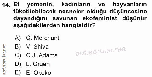 14. soru: Et yemenin, kadınların ve hayvanların tüketilebilecek nesneler olduğu düşüncesine dayandığını savunan ekofeminist düş…
